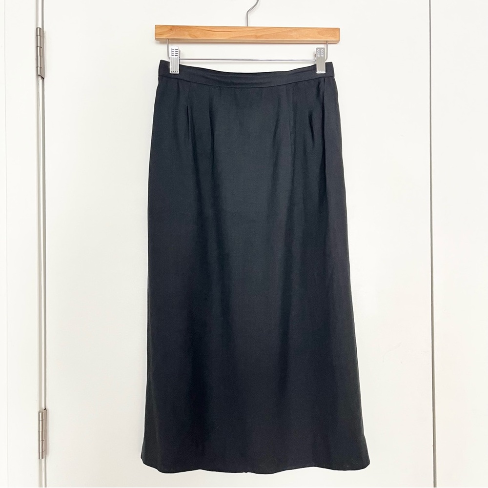 Vintage Liz Claiborne Black Pencil Skirt Rayon Linen Midi Size 8 (26) Office